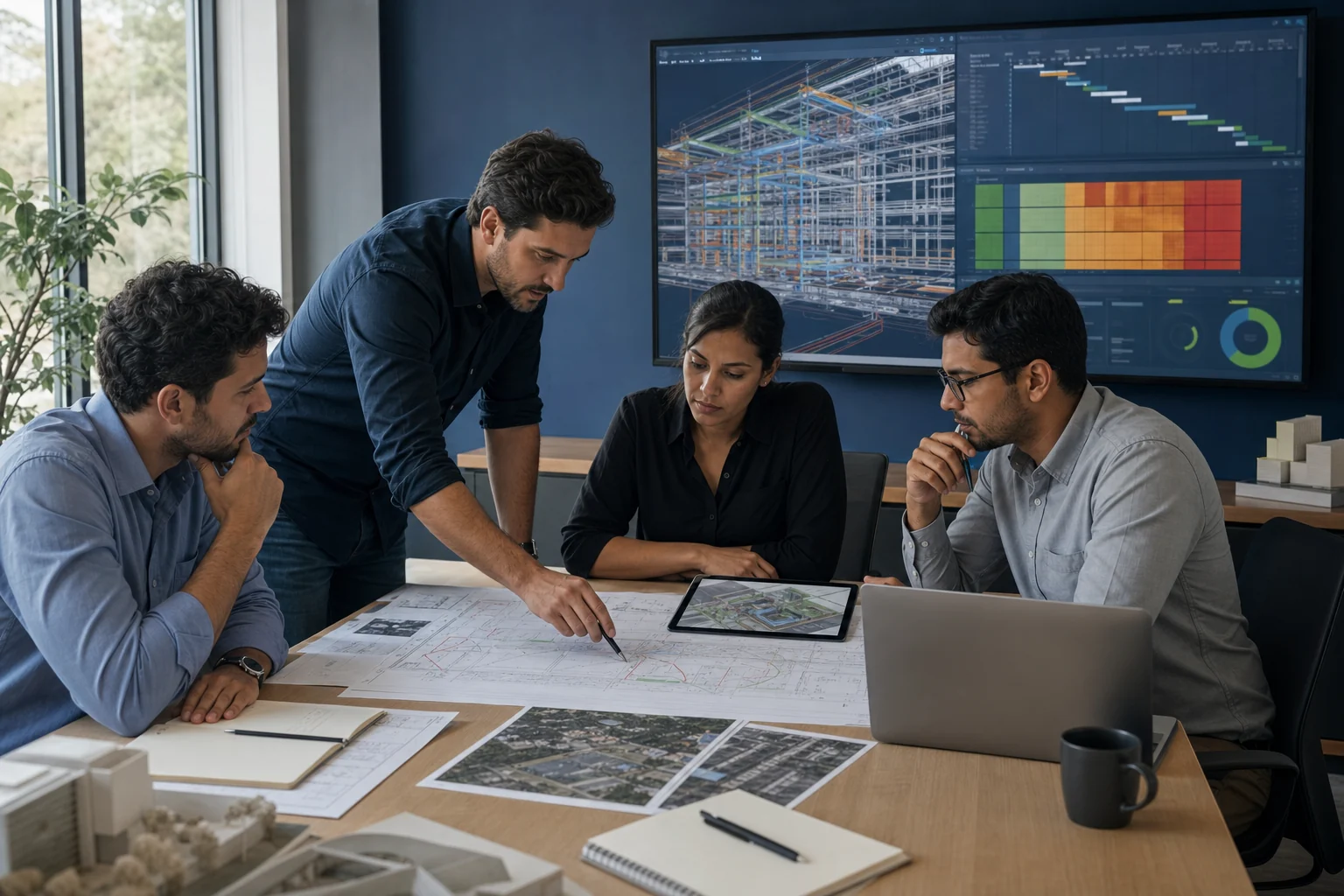 Equipe de engenharia coordenando projetos, cronograma e interfaces técnicas